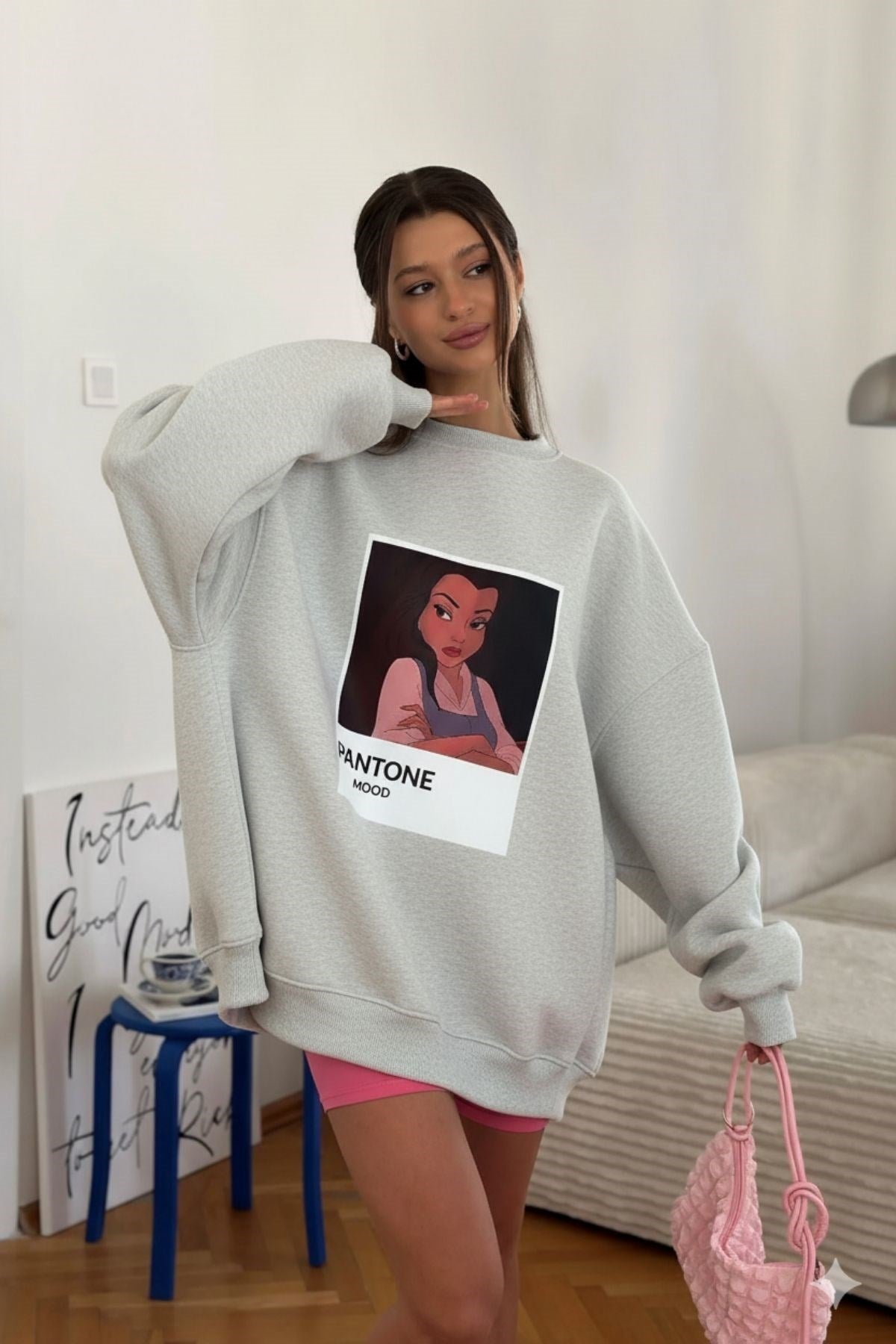 Kadın Oversize Sweat Elbise Gri Melanj - 3 İplik Şardonlu, Bisiklet Yaka, Pantone - prenses baskılı