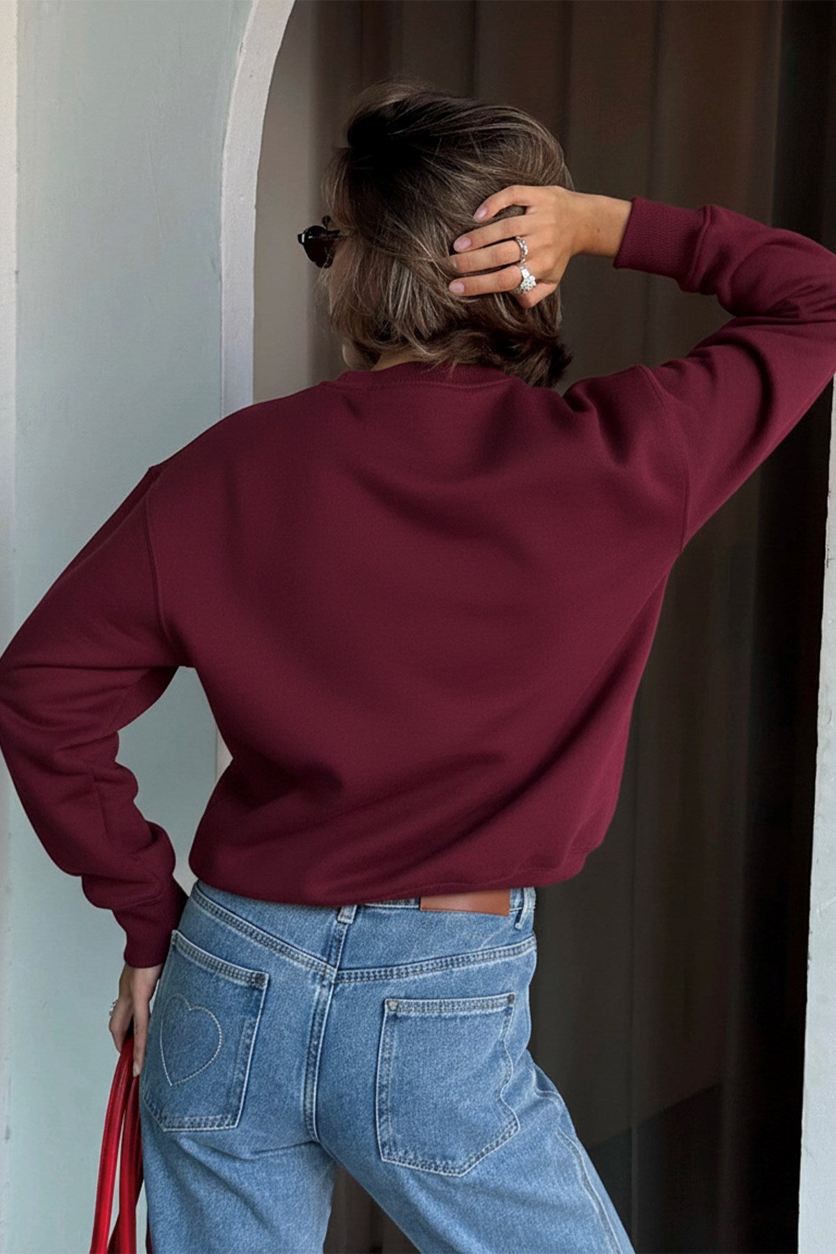 Kadın Oversize Sweatshirt Ballerina Bear Baskılı Bordo – Bisiklet Yaka, 3 İplik Şardonlu Polar