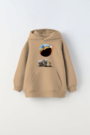 Bej Kapüşonlu İçi Polar Burning World And Animals Baskılı Unisex Çocuk Sweatshirt