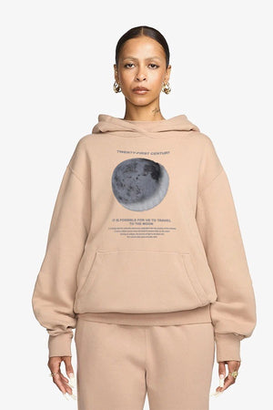 Kapüşonlu İçi Polar Moon Baskılı Bej Unisex Hoodie Sweatshirt