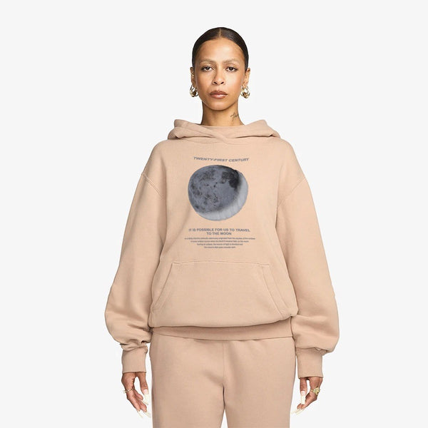 Kapüşonlu İçi Polar Moon Baskılı Bej Unisex Hoodie Sweatshirt