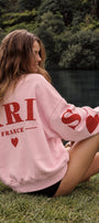 Kadın Oversize Sweatshirt Paris 3D Baskılı Pembe – Bisiklet Yaka, Kol ve Sırt Baskılı, 3 İplik