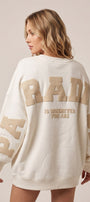 Kadın Oversize Sweatshirt Paradise Varsity Kabartma Baskılı Beyaz – Bisiklet Yaka, 3 İplik Şardonlu Polar