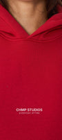 Kadın Oversize Sweatshirt Hoodie CHMP Yazlı Baskılı Kırmızı – Kapüşonlu, 3 İplik Polar, Kanguru Cepli