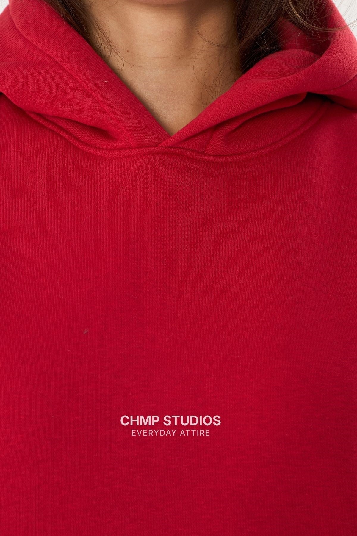 Kadın Oversize Sweatshirt Hoodie CHMP Yazlı Baskılı Kırmızı – Kapüşonlu, 3 İplik Polar, Kanguru Cepli