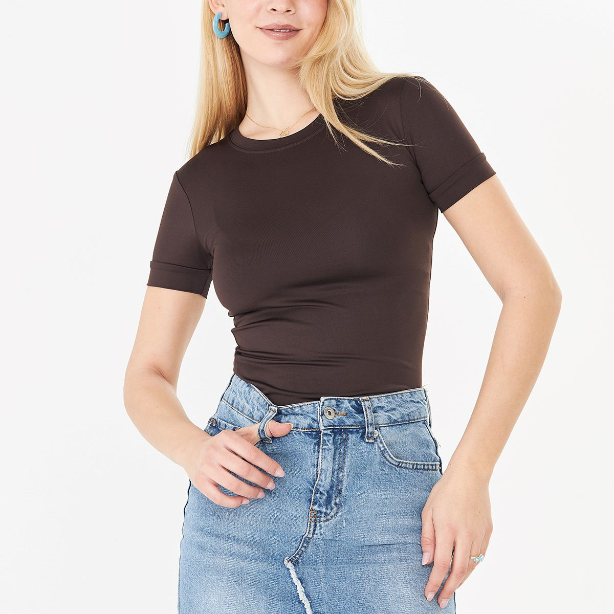 Ultra Soft Yuvarlak Yaka Kısa Kol Bluz Kahverengi 