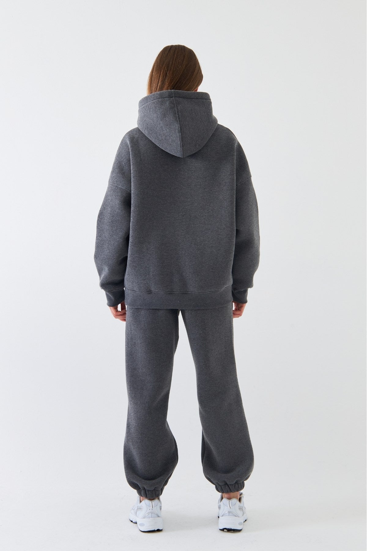 Oversize Unisex Sweatshirt Hoodie Füme Melanj – Kapüşonlu, 3 İplik Şardonlu Polar, Kanguru Cepli, Basic