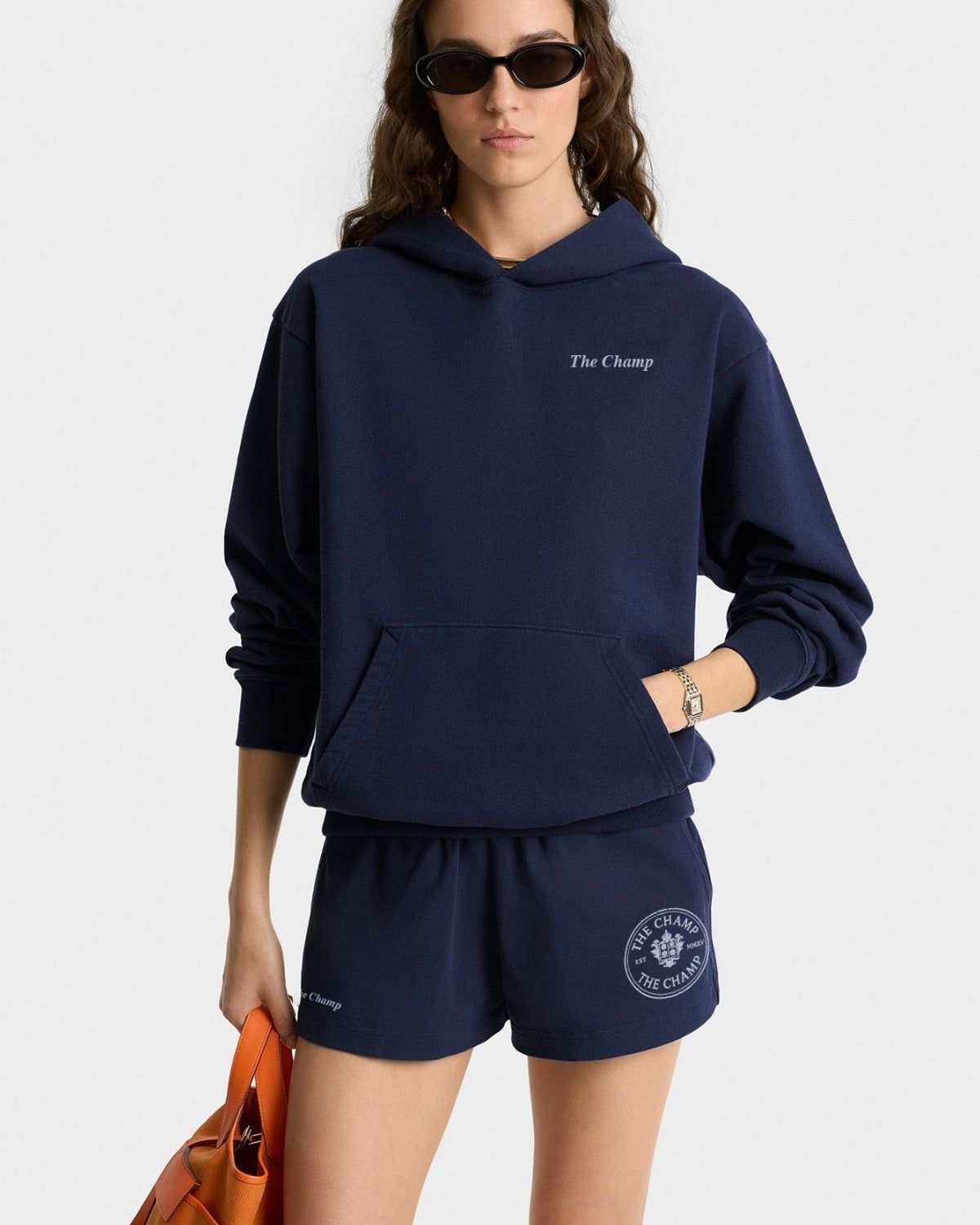 Unisex Lacivert Kapüşonlu Sweatshirt – The Champ Armalı, 3 İplik Şardonlu, Şehir ve Kolej Stili