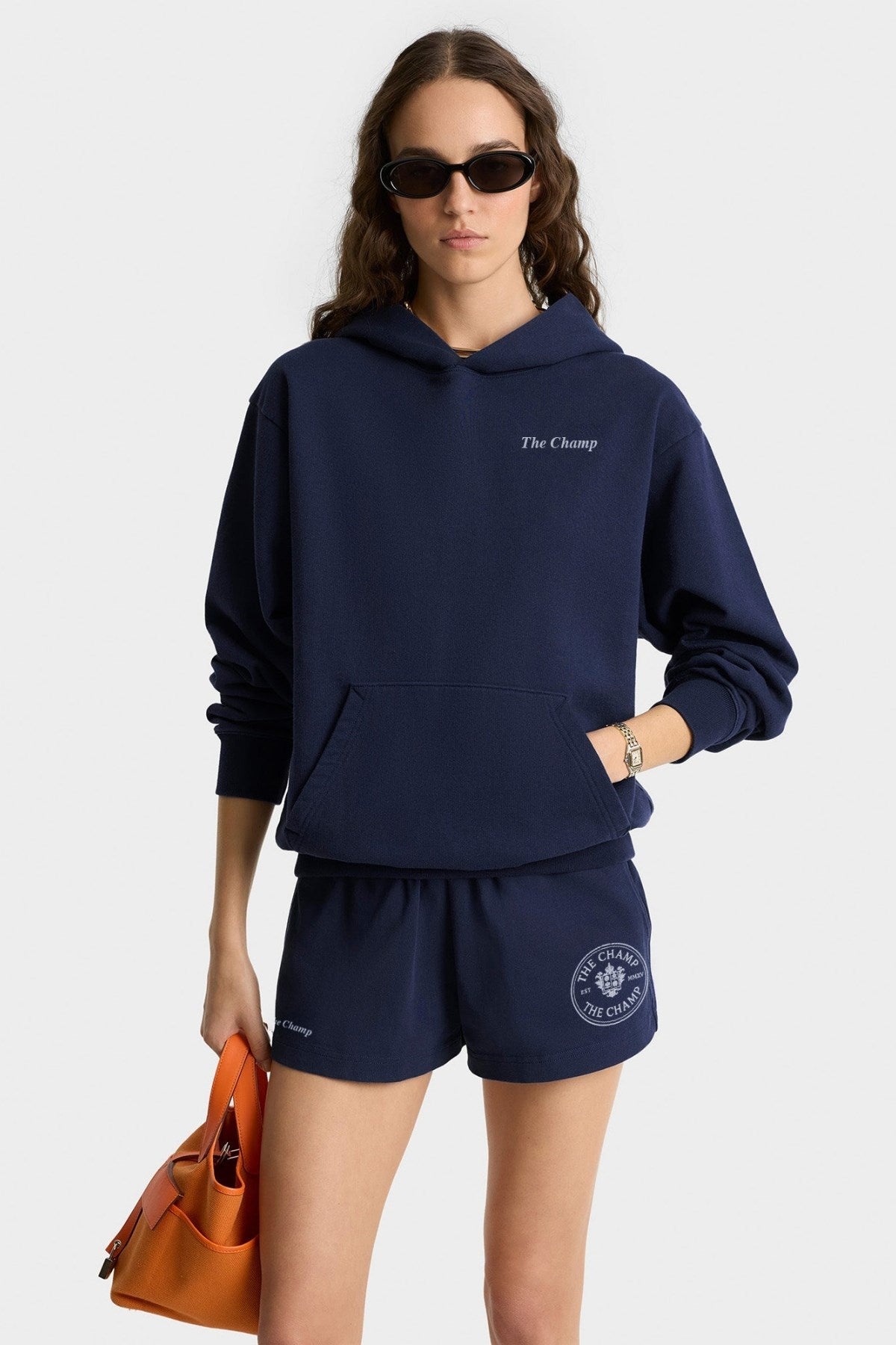 Unisex Lacivert Kapüşonlu Sweatshirt – The Champ Armalı, 3 İplik Şardonlu, Şehir ve Kolej Stili