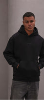 Erkek Oversize Sweatshirt Hoodie CHMP Yazlı Baskılı Siyah – Kapüşonlu, 3 İplik Polar, Kanguru Cepli