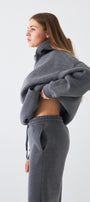 Oversize Unisex Sweatshirt Hoodie Füme Melanj – Kapüşonlu, 3 İplik Şardonlu Polar, Kanguru Cepli, Basic