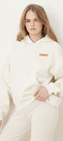 Beyaz Oversize Hoodie Beyaz – 3 İplik Şardonlu, Kapüşonlu Kanguru Cepli, Sırt Tam Portakal Baskı