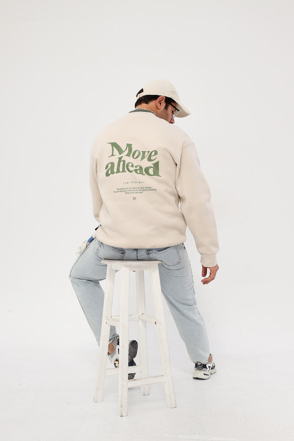 Bisiklet Yaka İçi Polar Move Ahead Yazı Baskılı Bej Oversize Sweatshirt