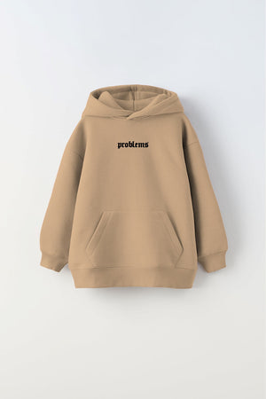 Kapüşonlu İçi Polar Problems Yazılı Heykel Baskılı Bej Unisex Çocuk Hoodie Sweatshirt