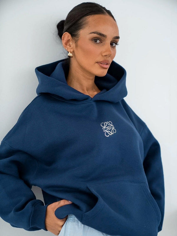 İndigo Unisex Yüksek Baskılı Kapüşonlu Kanguru Cepli Oversize Hoodie