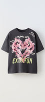 Extra Fun Yazılı Alevli Kalp Tasarım Baskılı Gri Çocuk T-Shirt