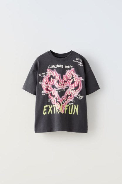 The Champ Extra Fun Yazılı Alevli Kalp Tasarım Baskılı Gri Kız Çocuk T-Shirt