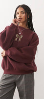 Kadın Oversize Sweatshirt Leo Kurdele Baskılı Bordo – Bisiklet Yaka, 3 İplik Şardonlu Polar