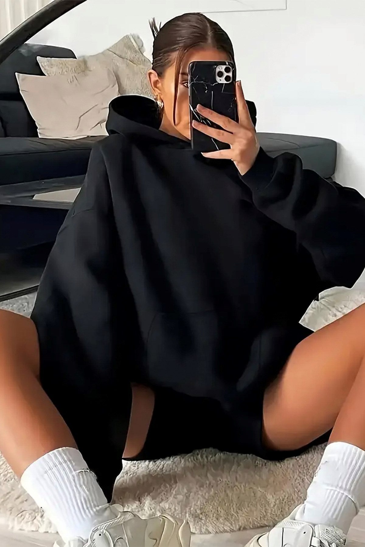 Kadın Oversize Sweatshirt Hoodie Grillz Lips Baskılı Siyah – Kapüşonlu, Kanguru Cepli, 3 İplik Polar
