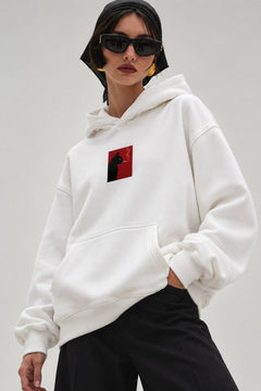 Kadın Oversize Hoodie Noir Cat Baskılı Beyaz – Kapüşonlu, Kanguru Cepli, 3 İplik Şardonlu Polar