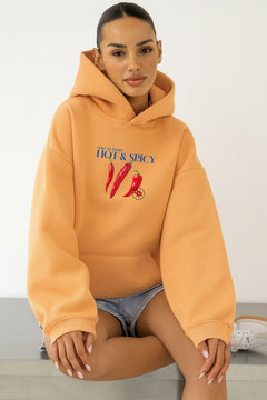 Kadın Oversize Sweatshirt Hoodie Hot & Spicy Baskılı Turuncu – Kapüşonlu, 3 İplik Şardonlu Polar
