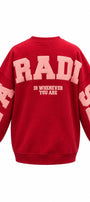 Kadın Oversize Sweatshirt Paradise Varsity Kabartma Baskılı Kırmızı – Bisiklet Yaka, 3 İplik Şardonlu Polar