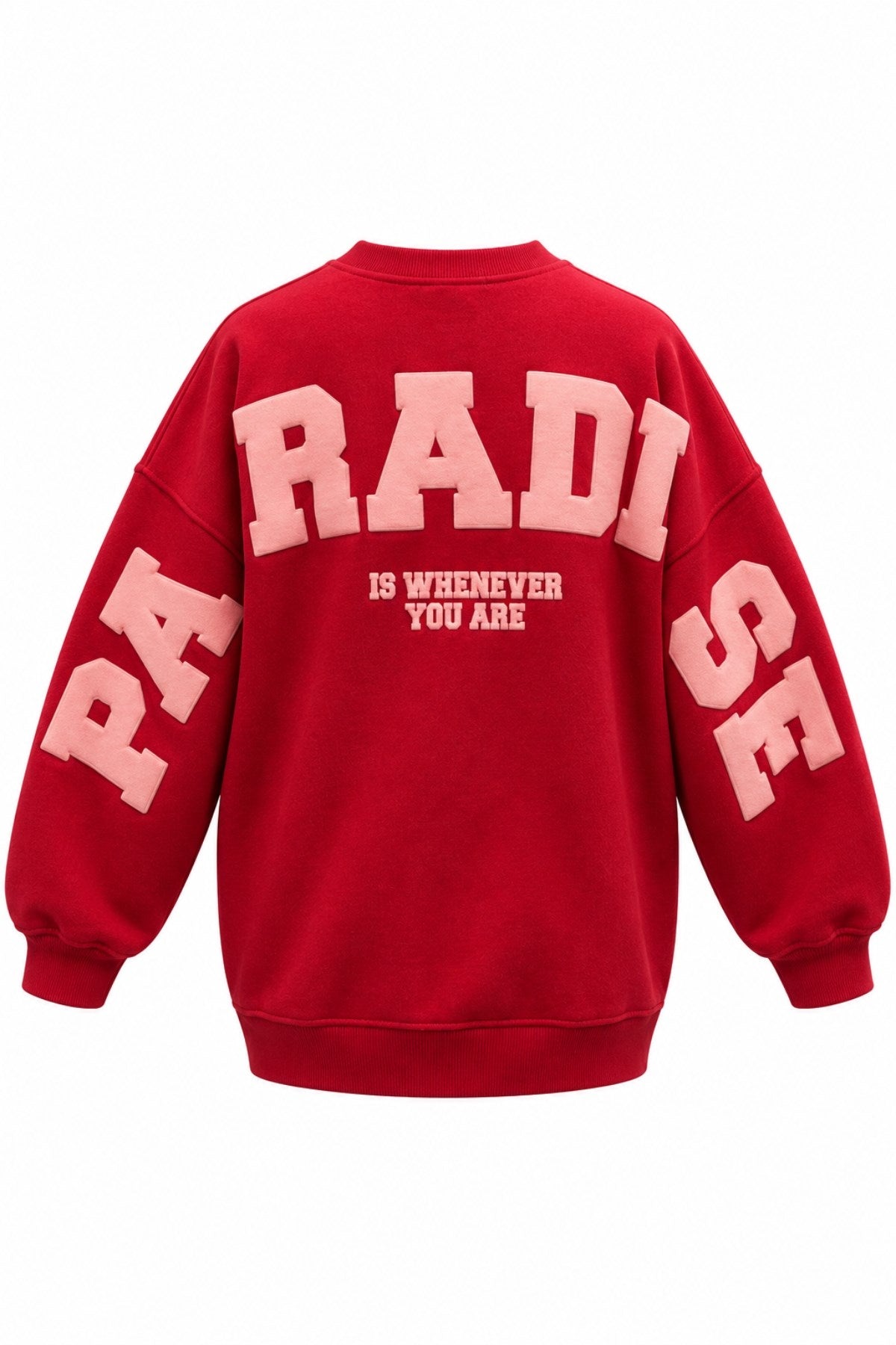 Kadın Oversize Sweatshirt Paradise Varsity Kabartma Baskılı Kırmızı – Bisiklet Yaka, 3 İplik Şardonlu Polar