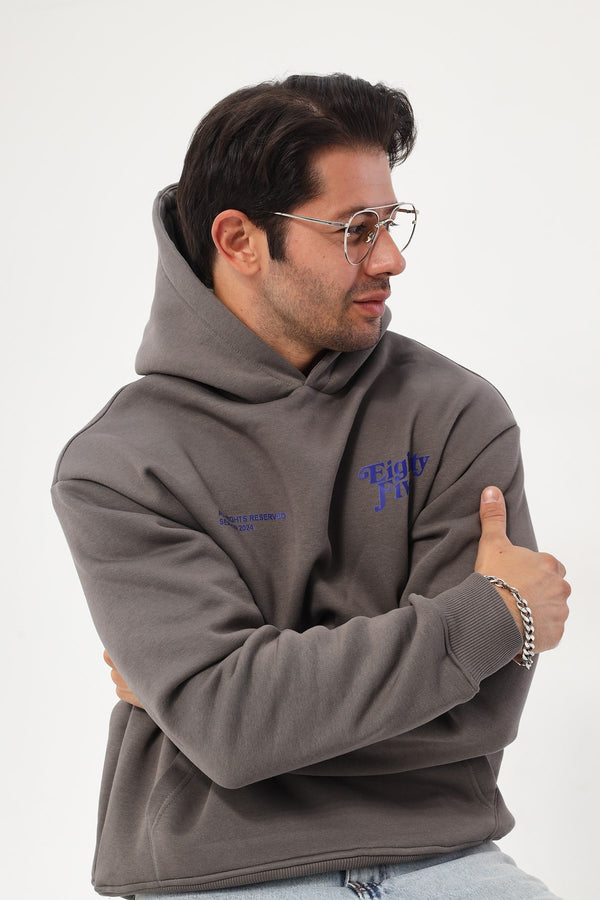 Kapüşonlu İçi Polar Eighty Five Yazı Baskılı Füme Hoodie Oversize Sweatshirt