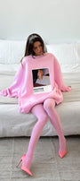 Kadın Oversize Sweat Elbise Pembe – 3 İplik Şardonlu , Bisiklet Yaka, Pantone – prenses baskılı