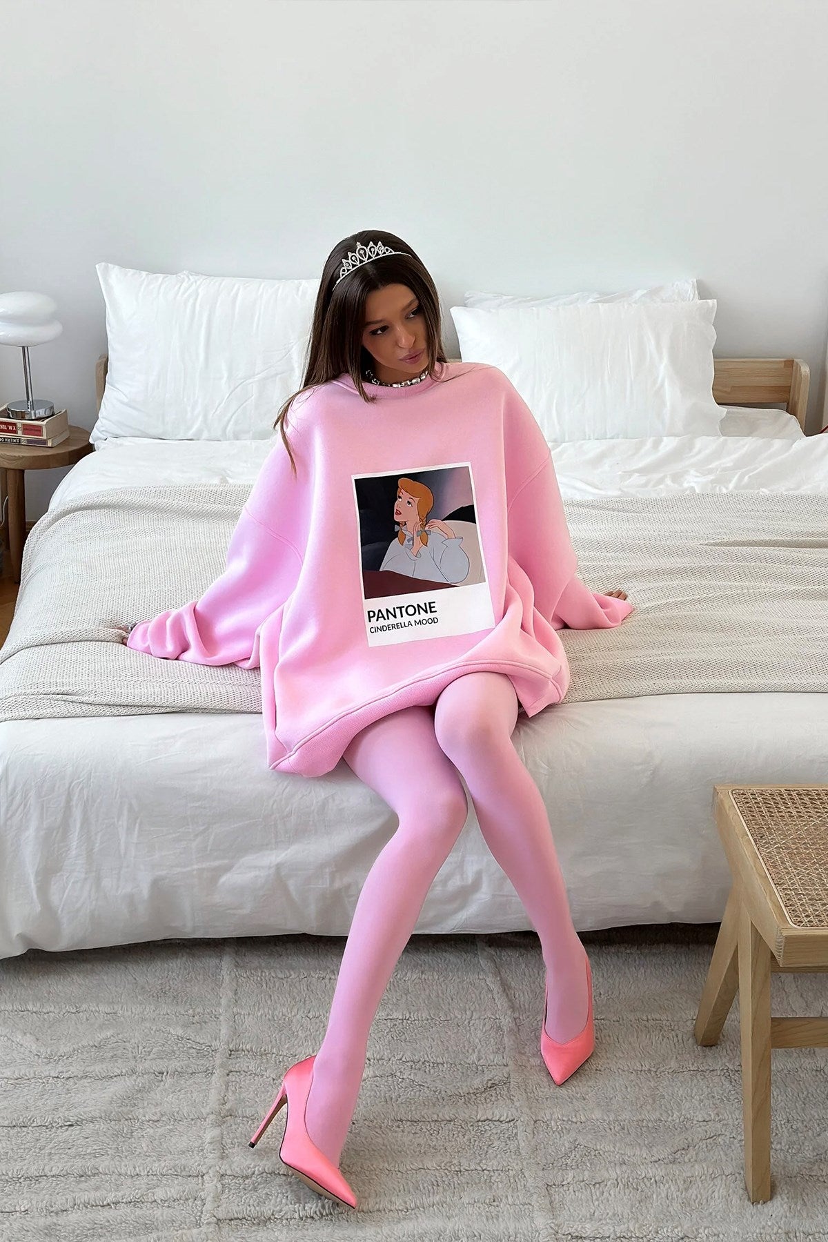Kadın Oversize Sweat Elbise Pembe – 3 İplik Şardonlu , Bisiklet Yaka, Pantone – prenses baskılı