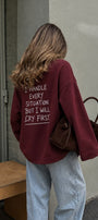 Kadın Relaxed Fit Sweatshirt Cry First Baskılı Bordo – Bisiklet Yaka, 3 İplik Şardonsuz, Düşük Omuz