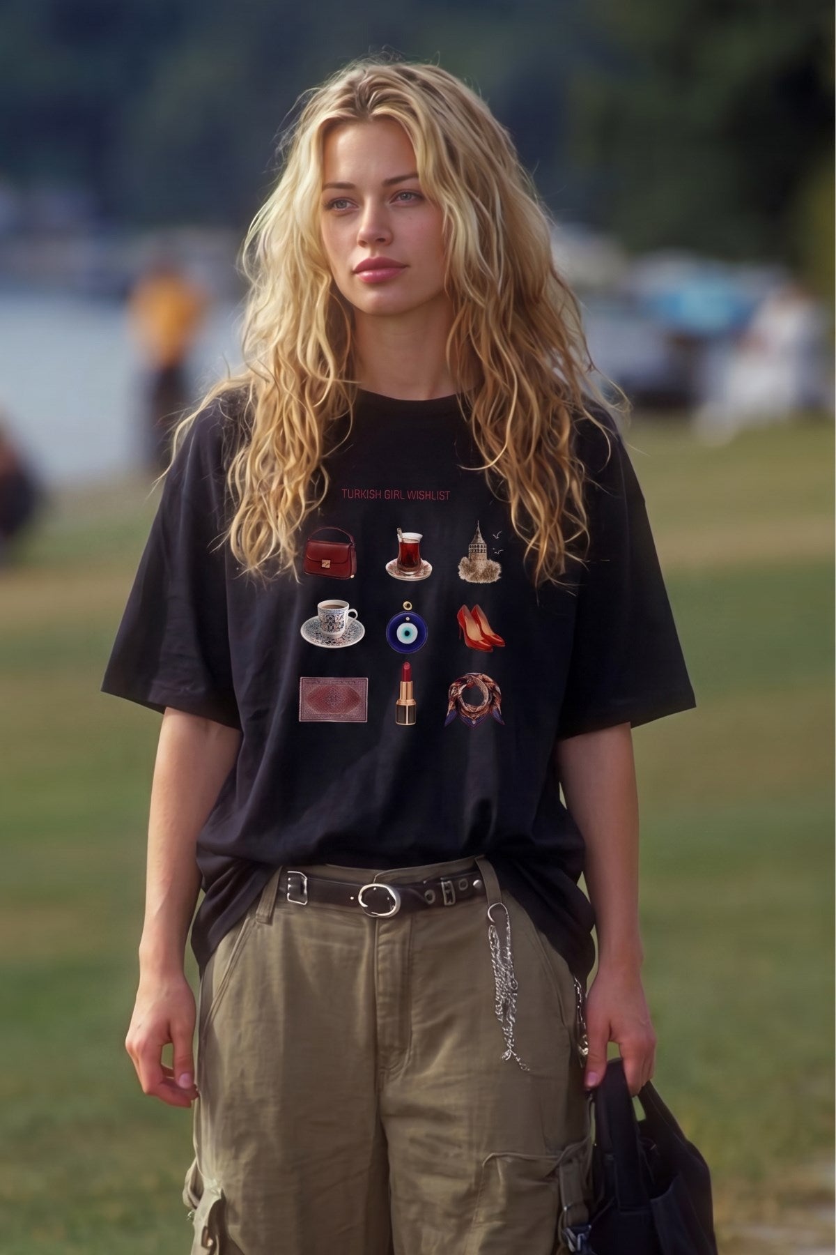 Kadın Oversize Tişört Turkish Girl Wishlist Baskılı Siyah – Bisiklet Yaka, Rahat Kalıp, %100 Pamuk