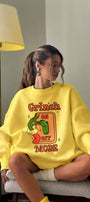 Kadın Oversize Sweatshirt Elbise Grinch Mode Baskılı Sarı – Bisiklet Yaka, 3 İplik Şardonlu Polar