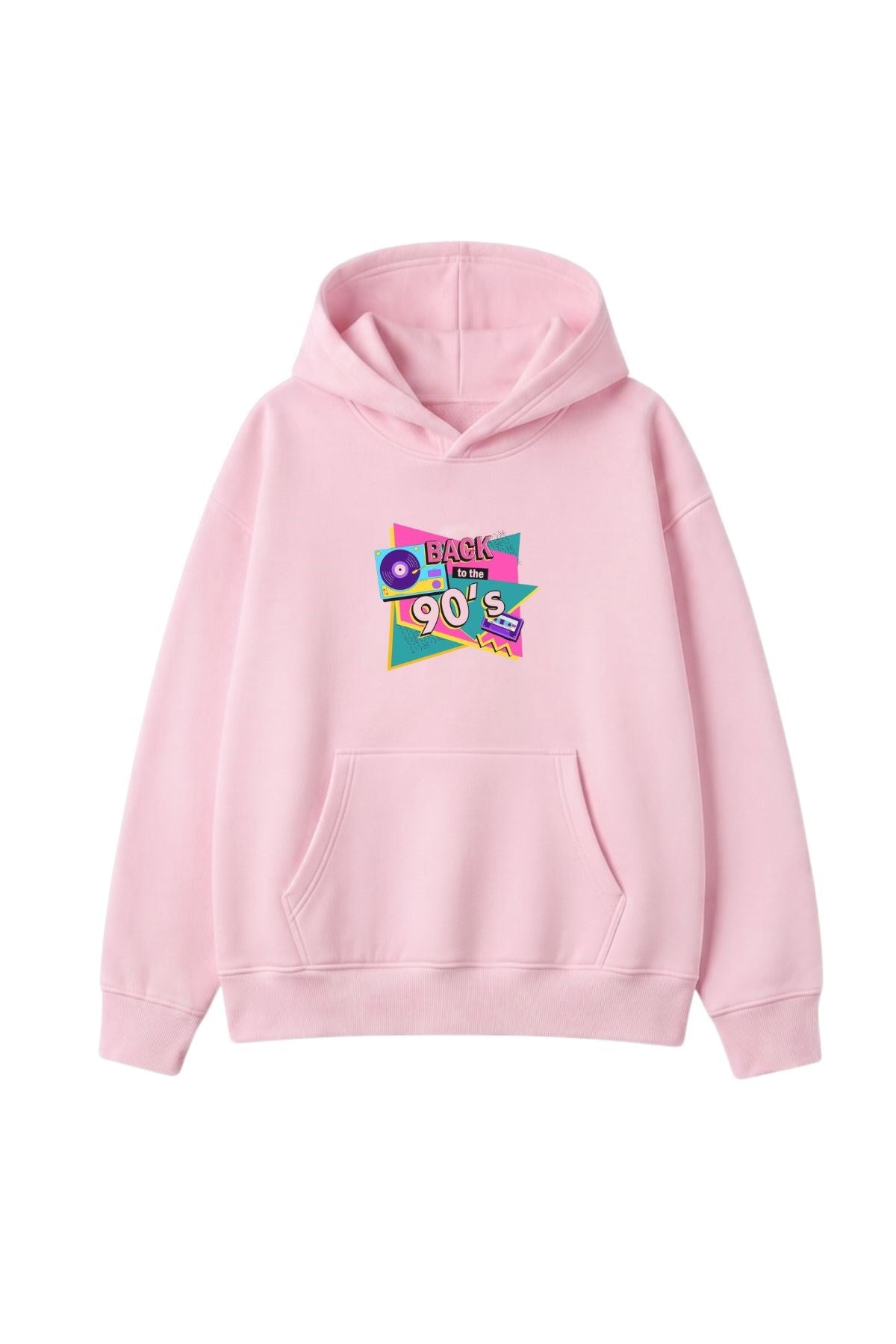 Kadın Oversize Hoodie Back To The 90’s Baskılı Pembe - Kapüşonlu, Kanguru Cepli, 3 İplik Polar