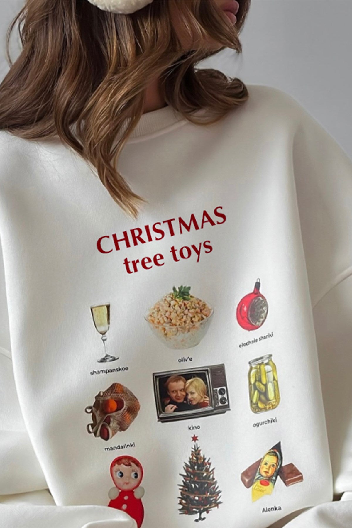 Kadın Oversize Sweatshirt Elbise Christmas Toys Baskılı Beyaz – Bisiklet Yaka, 3 İplik Polar