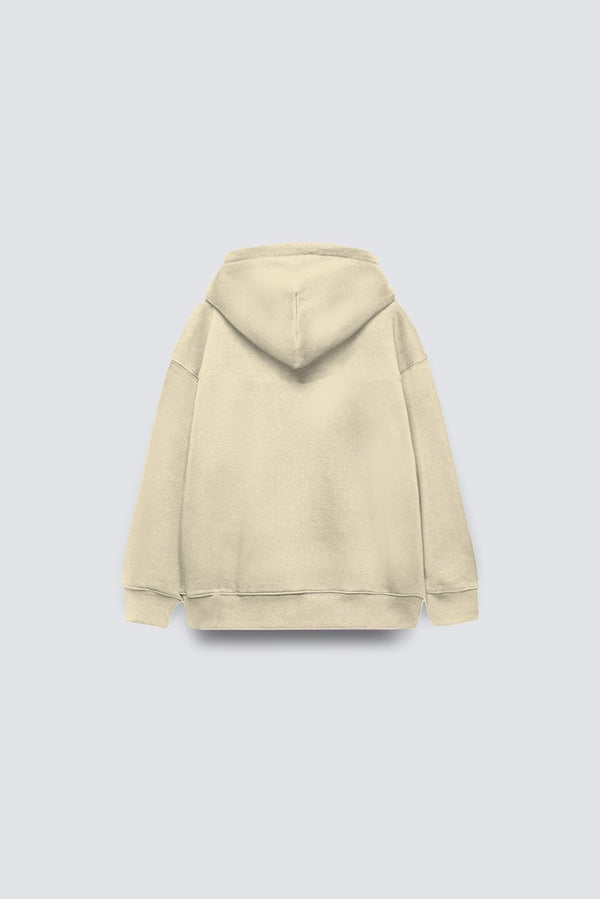 Bej Basic Çocuk Kapüşonlu Kanguru Cep Detaylı İçi Polar Oversize Sweatshirt