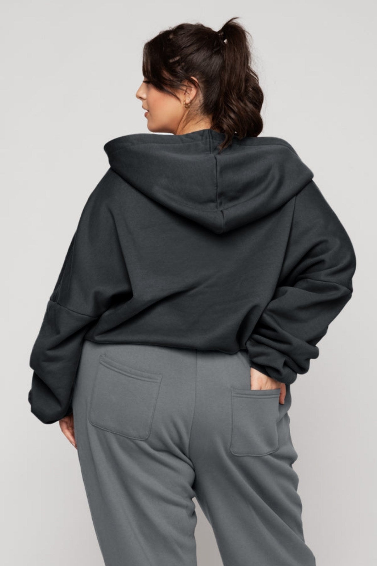 Kadın Füme Kapüşonlu Sweatshirt Fermuarlı 3 İplik Şardonlu Oversize Kesim
