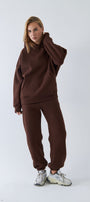  Oversize Unisex Eşofman Takımı Kahverengi – Basic, 3 İplik Polar; Kapüşonlu Üst, Lastikli Alt