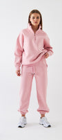Unisex Oversize Eşofman Takımı Basic Pembe – Fermuarlı Dik Yaka, Lastikli Paça, 3 İplik Polar
