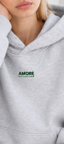 Kadın Oversize Hoodie Amore Baskılı Gri Melanj – Kapüşonlu, Kanguru Cepli, 3 İplik Şardonlu Polar