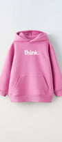 Kapüşonlu İçi Polar Satranç Think Baskılı Pembe Unisex Çocuk Hoodie Sweatshirt