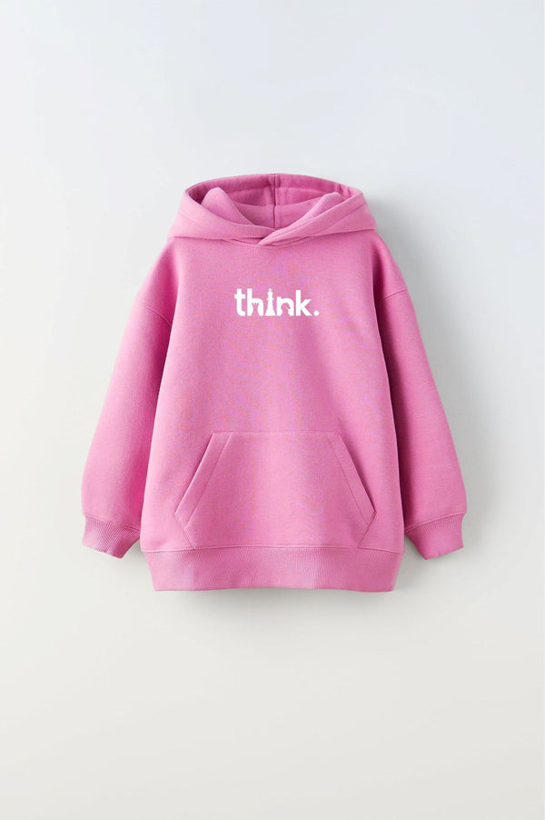 Kapüşonlu İçi Polar Satranç Think Baskılı Pembe Unisex Çocuk Hoodie Sweatshirt