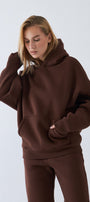 Oversize Unisex Sweatshirt Hoodie Kahverengi – Kapüşonlu, 3 İplik Şardonlu Polar, Kanguru Cepli, Basic