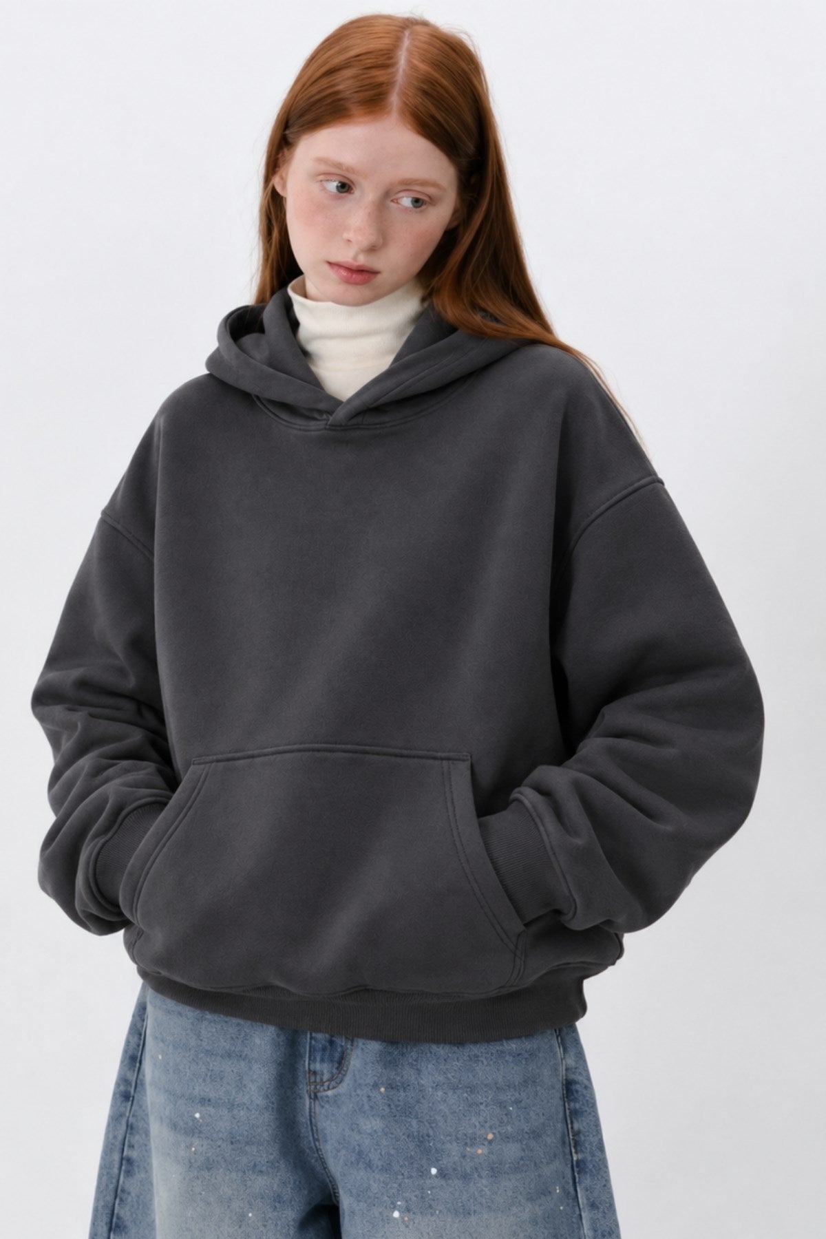 Kadın Oversize Hoodie Cry First Baskılı Füme – Kapüşonlu, Kanguru Cepli, 3 İplik Şardonlu Polar