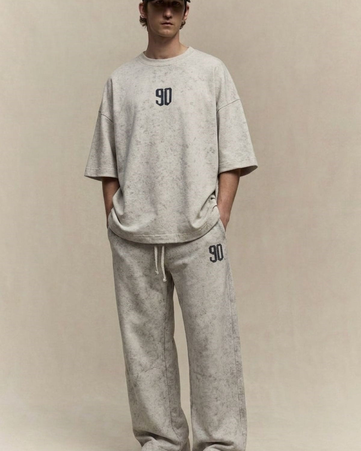 Erkek Oversize Tişört Eşofman Altı Takımı Ninety Fade Gri Yıkamalı – Premium Vintage, Özel Kumaş 