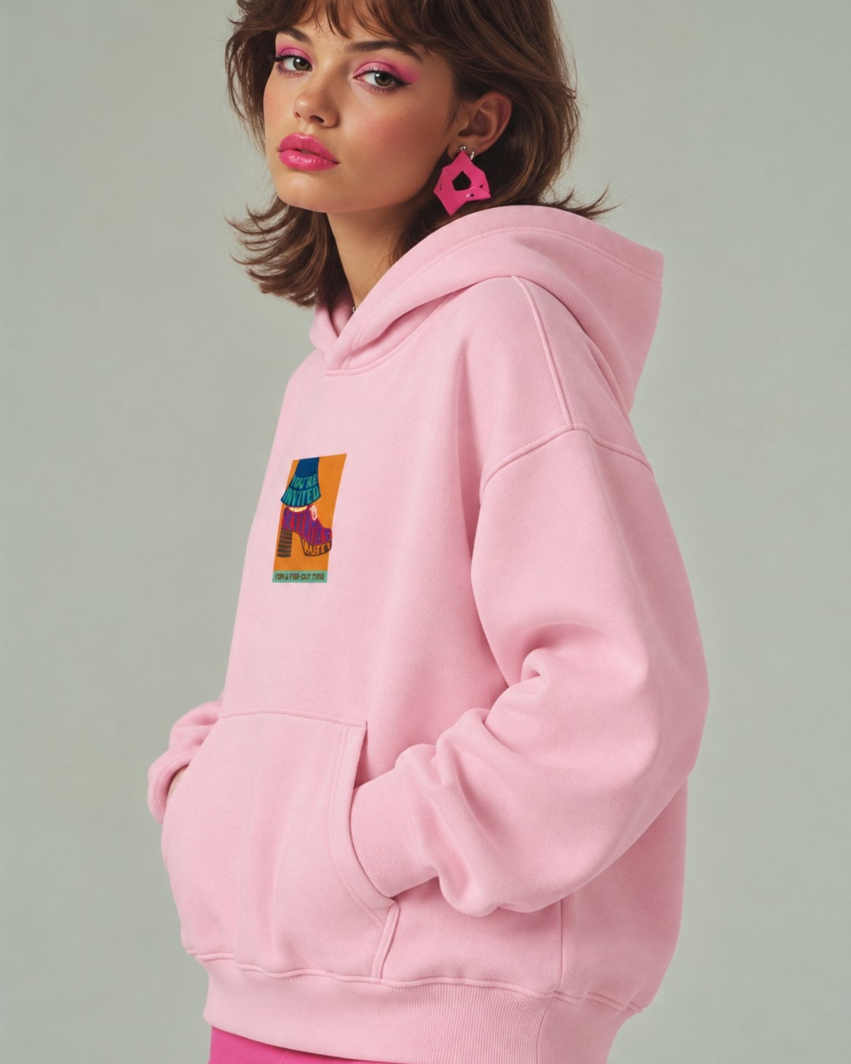 Kadın Oversize Hoodie Seventies Party Baskılı Pembe - Kapüşonlu, Kanguru Cepli, 3 İplik Polar