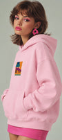 Kadın Oversize Hoodie Seventies Party Baskılı Pembe - Kapüşonlu, Kanguru Cepli, 3 İplik Polar