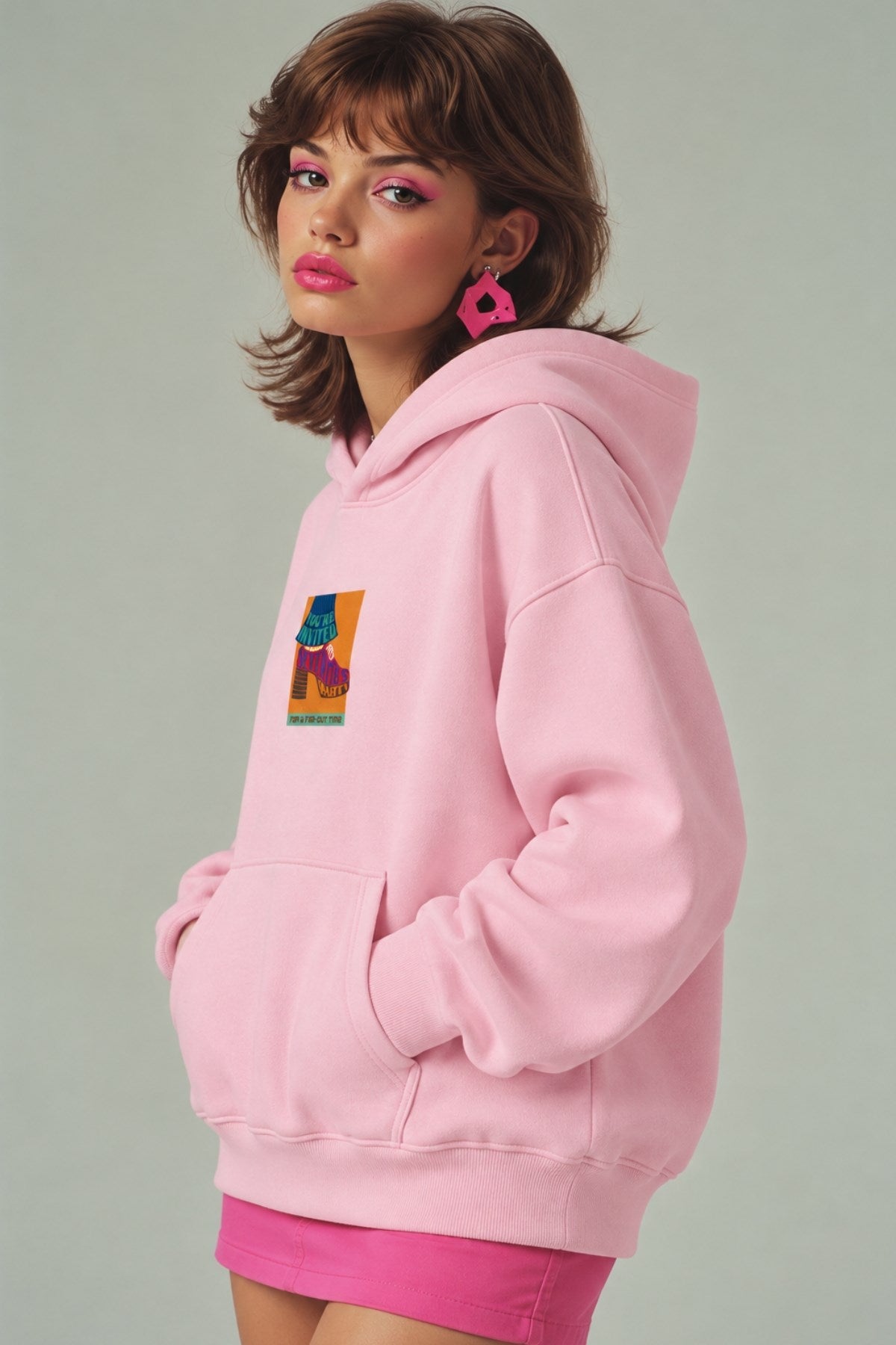 Kadın Oversize Hoodie Seventies Party Baskılı Pembe - Kapüşonlu, Kanguru Cepli, 3 İplik Polar