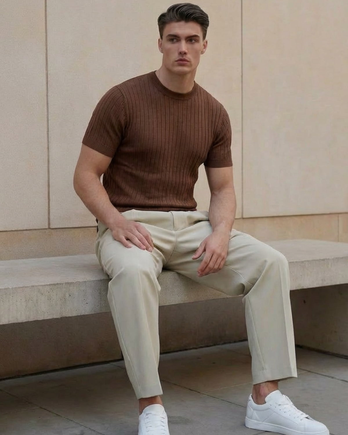 Erkek Dokulu Fitilli Triko Tişört Kahverengi - Bisiklet Yaka, Fit, Yazlık, Örme