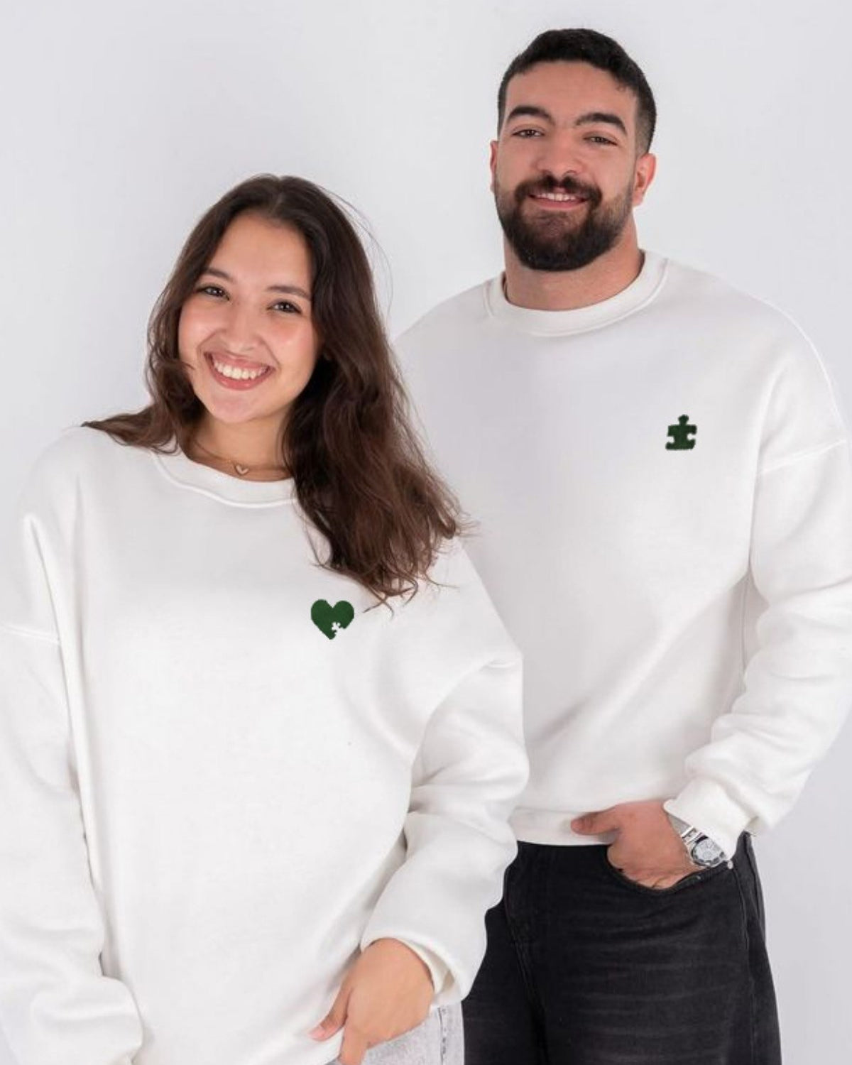 Erkek Oversize Sweatshirt Puzzle Baskılı Beyaz – Bisiklet Yaka, Sevgilergünü, Couple, Hediye